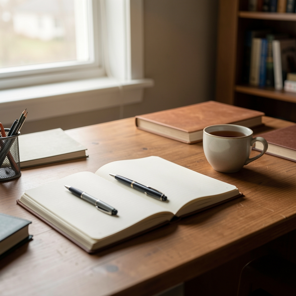 A softly lit writing desk with an open notebook, a pen, and a cup of tea, representing an editorial working environment in the early morning