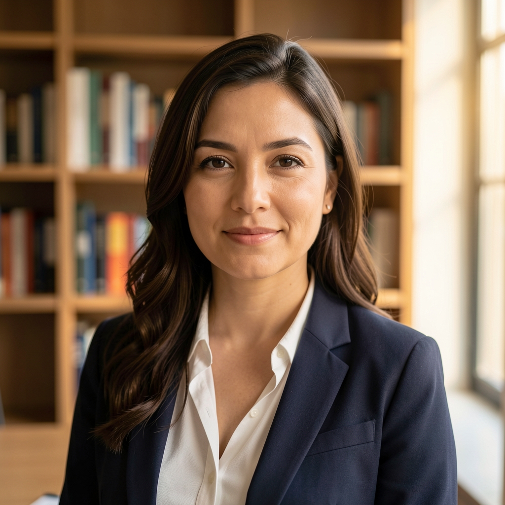 Editorial portrait of a woman in a quiet office environment, warm natural side light, bookshelf in soft focus background