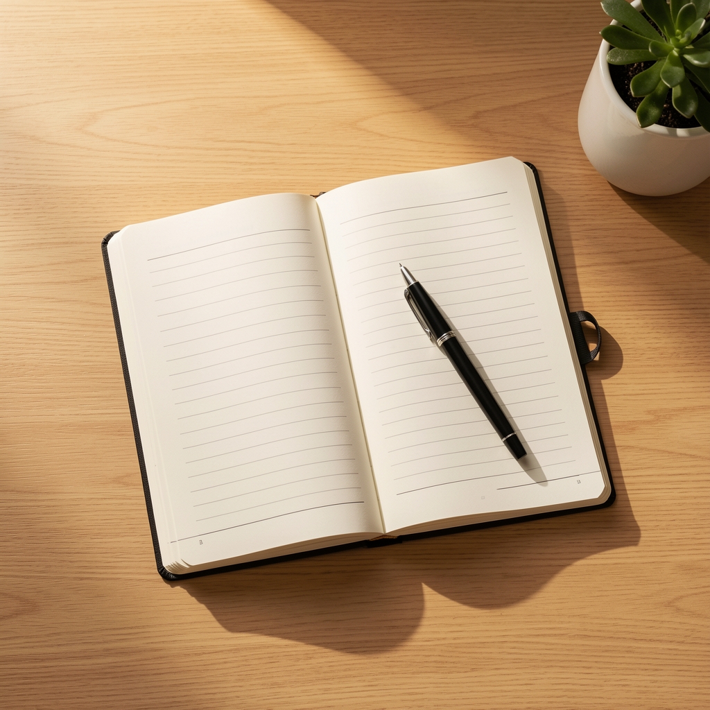 Overhead view of a clean wooden desk with a training journal open, pen resting on it, morning light, representing rest-day logging