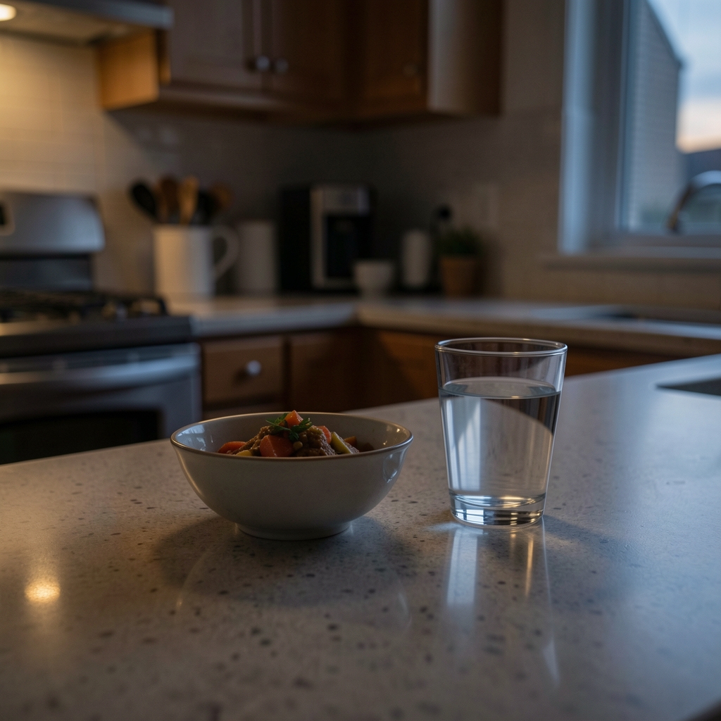 Kitchen counter at evening with a small bowl of food and a glass of water, dim lighting, representing a mindful pre-sleep meal routine